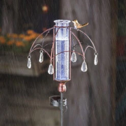 Rain Gauge Stake Solar Umbrella W/Bird Metal/Glass 9x36