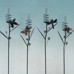 Rain Gauge Stake Spiral Hum Bird/Btrfly/Drgfly/Frog W/Leaf Asst Metal 33"h (#5)